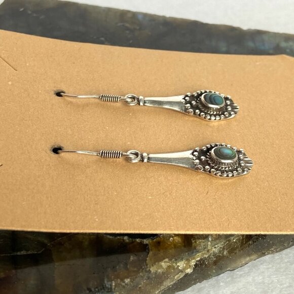 Sterling Silver 925 Dainty Abalone Elongated Dangle Drop Earrings - Picture 14 of 15